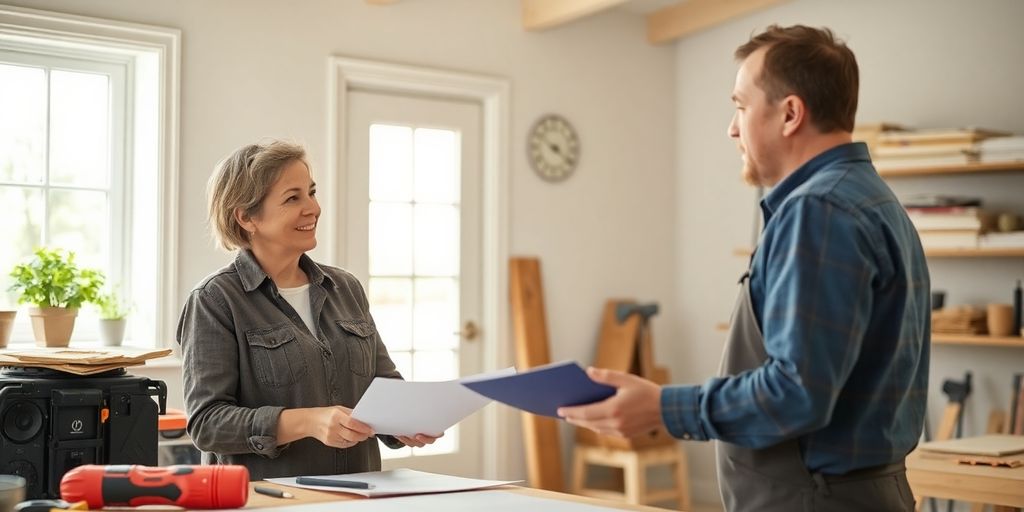 Homeowner consulting with a restoration professional in a bright space.