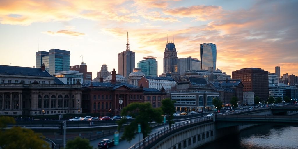 Vibrant Manchester skyline at sunset