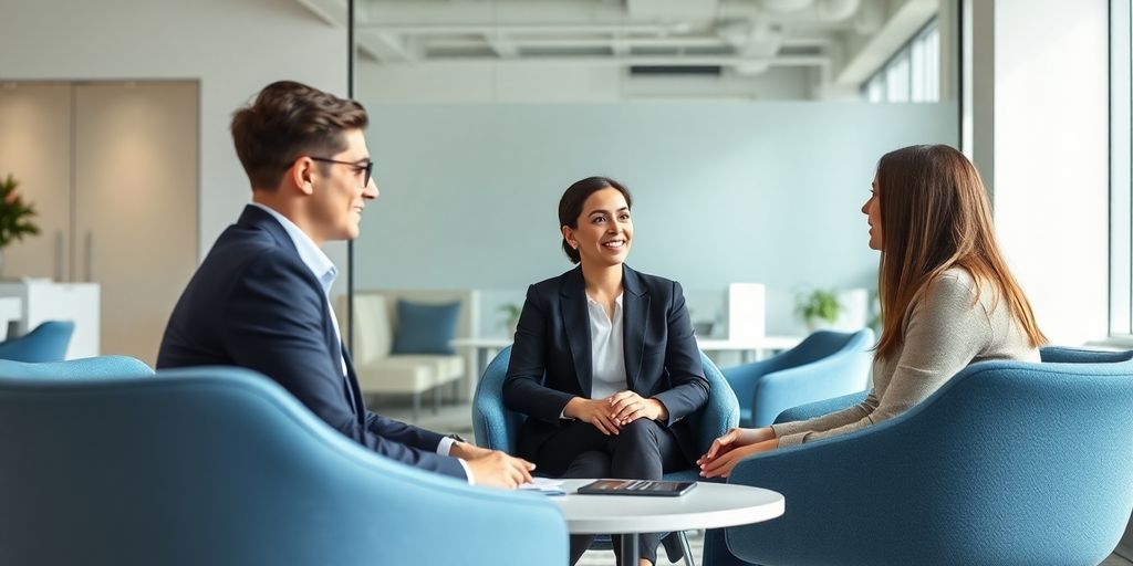 Der Bewerbungsprozess bei einem Personaldienstleister: Fragen & Antworten Büro-Interview zwischen Personalvermittler und Kandidat.