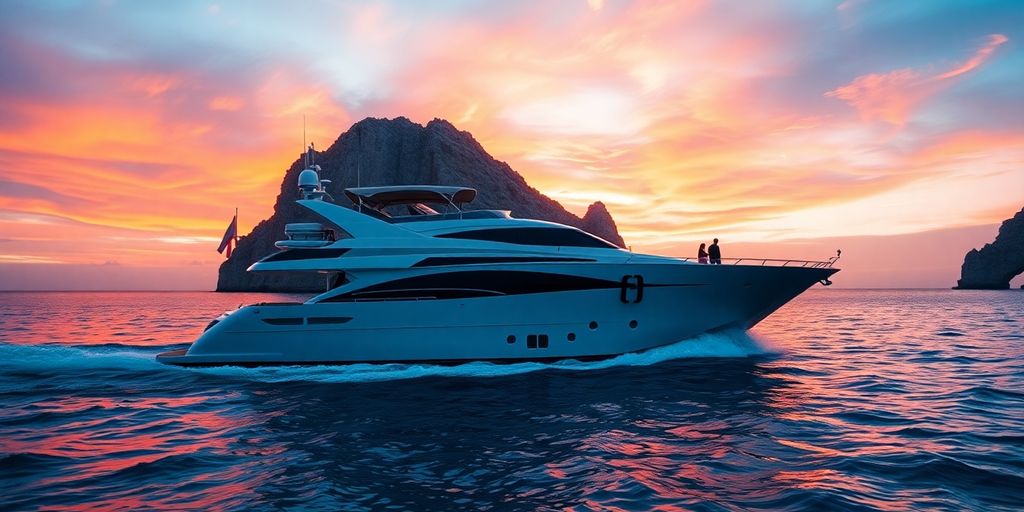 Luxury yacht sails past Arch of Cabo San Lucas at sunset.