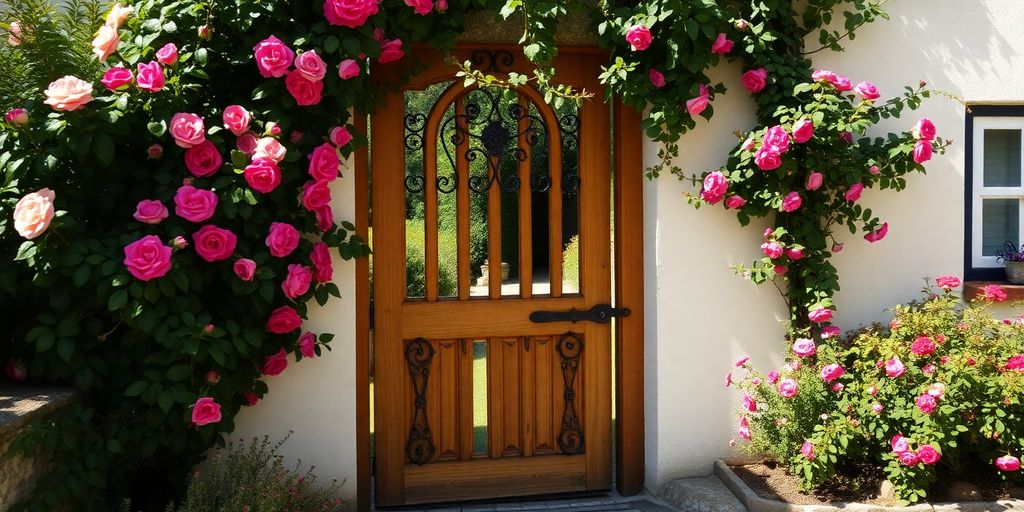 Ornate wooden gate, traditional Cornish cottage, sunlit garden.