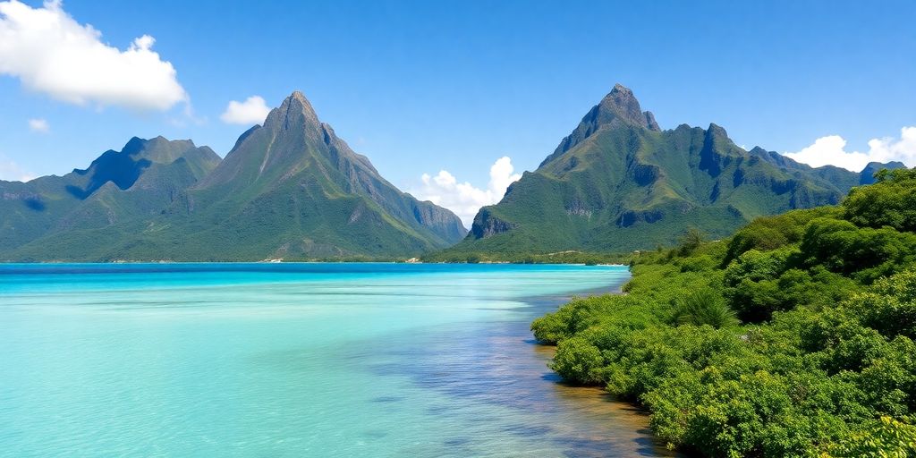 Turquoise lagoon waters surrounding lush green volcanic peaks of Moorea.