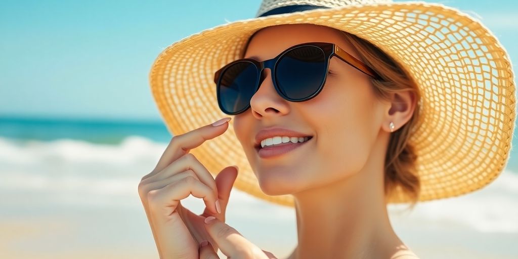Woman on beach wearing sunhat, sunglasses, applying sunscreen after laser