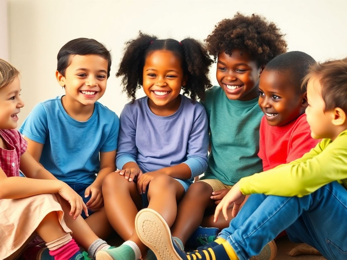 Copii zâmbind și comunicând într-un cerc.