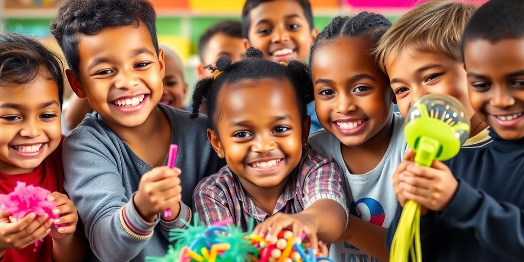 Children smiling, holding colorful inspirational quote products.