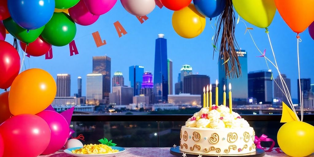 Dallas skyline with birthday party decorations and cake.