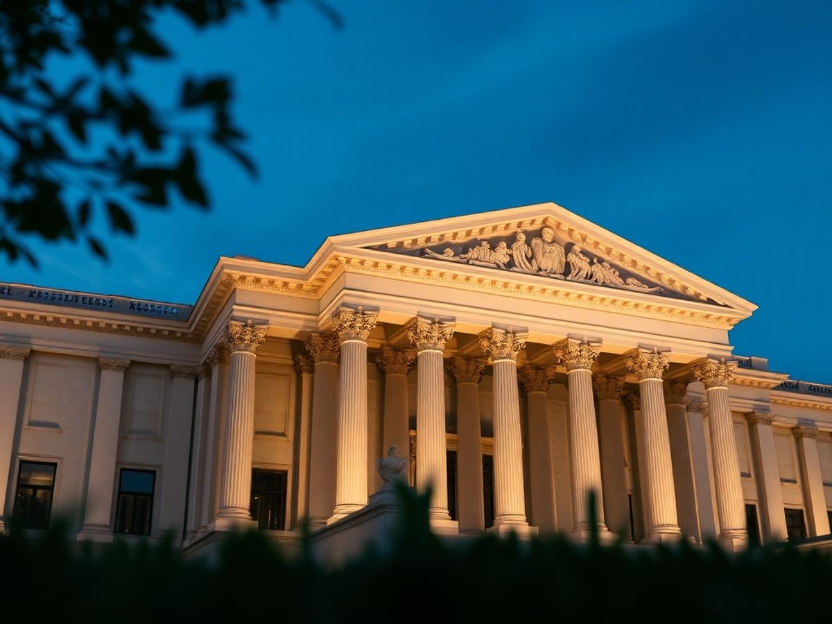 Clădire legislativă cu detalii arhitecturale în lumina dramatică.