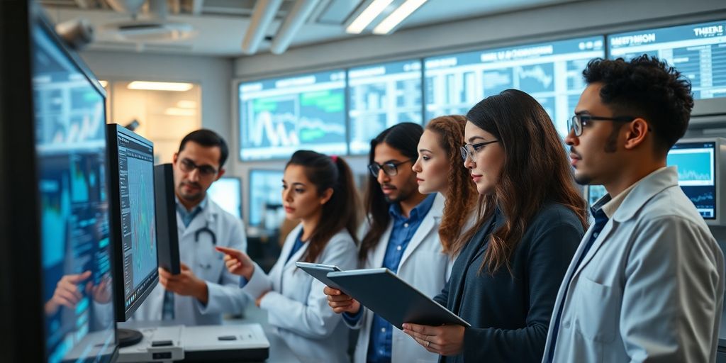 Researchers analysing data in a high-tech laboratory.