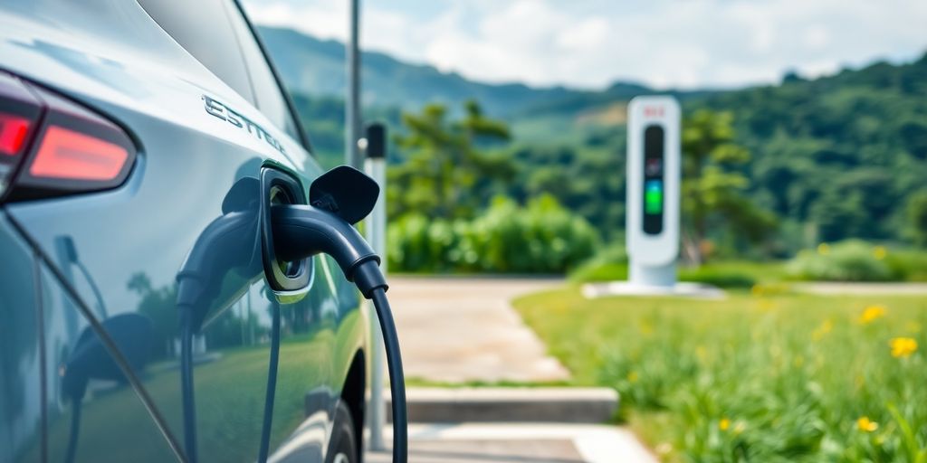 Electric vehicle charging at a modern fast-charging station.