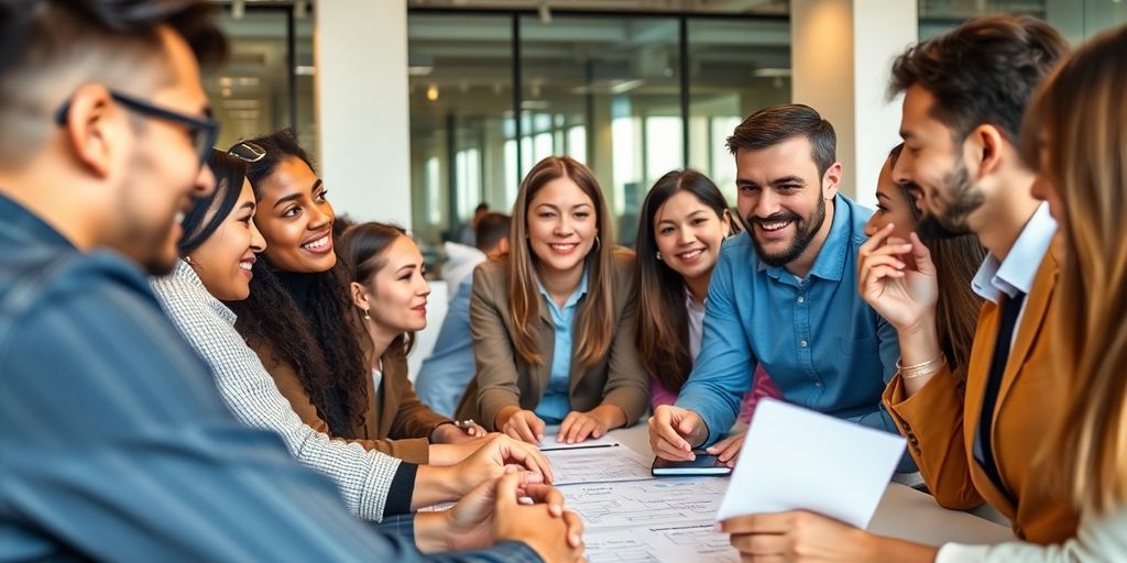Group of professionals collaborating on AI market trends.