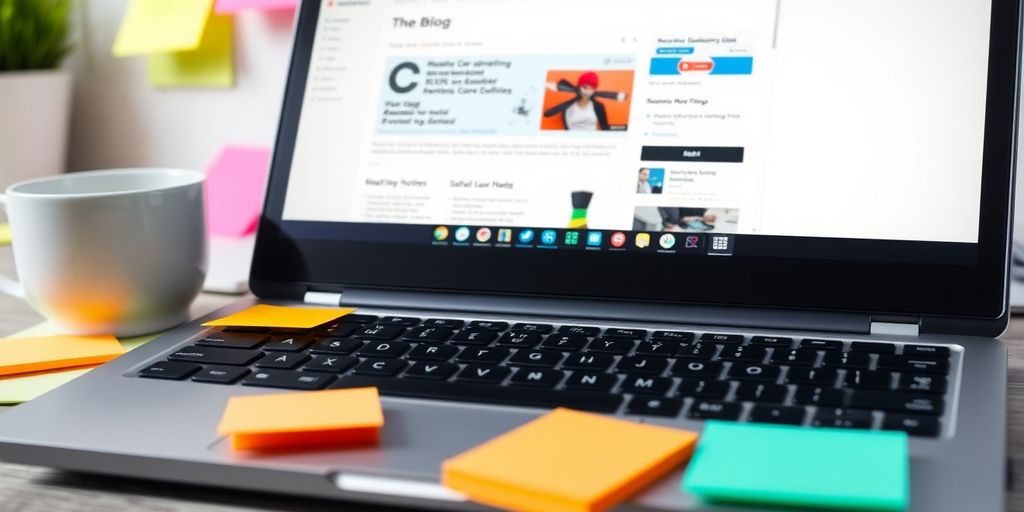 Laptop with blog interface and colorful sticky notes.