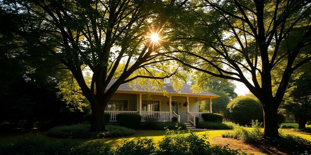 A cozy home surrounded by trees and a garden.