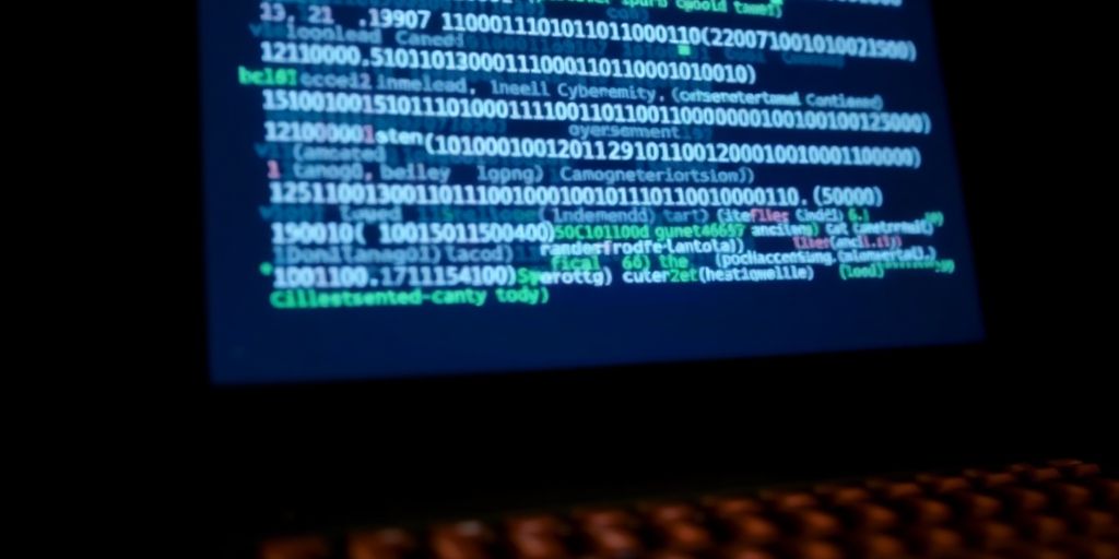 Computer screen displaying cybersecurity code and digital patterns.
