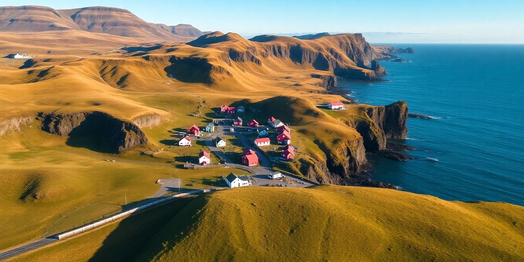 Vue aérienne du village de Tjørnuvík.