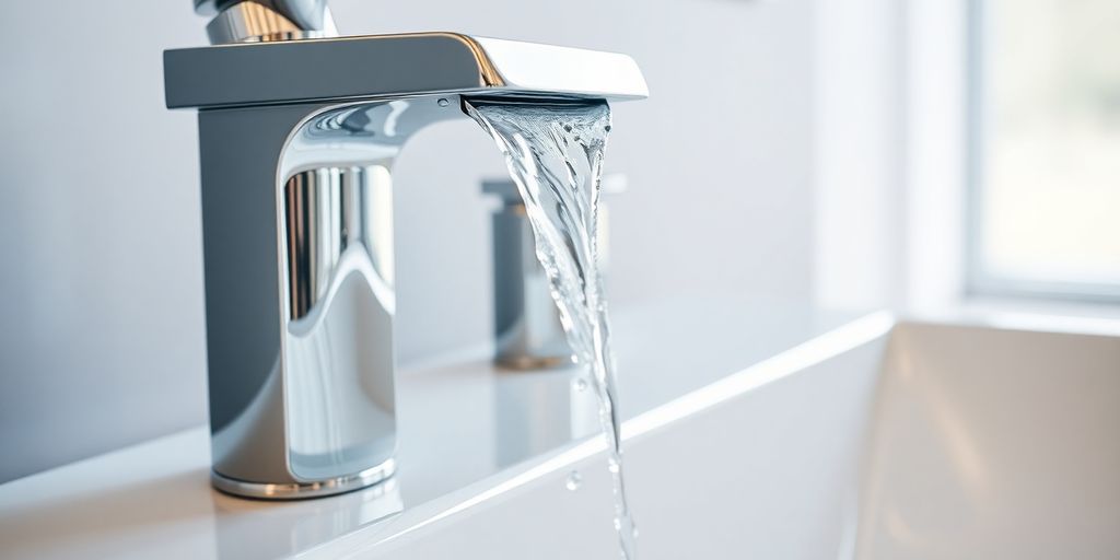 Modern bathroom, chrome waterfall tap, flowing water.