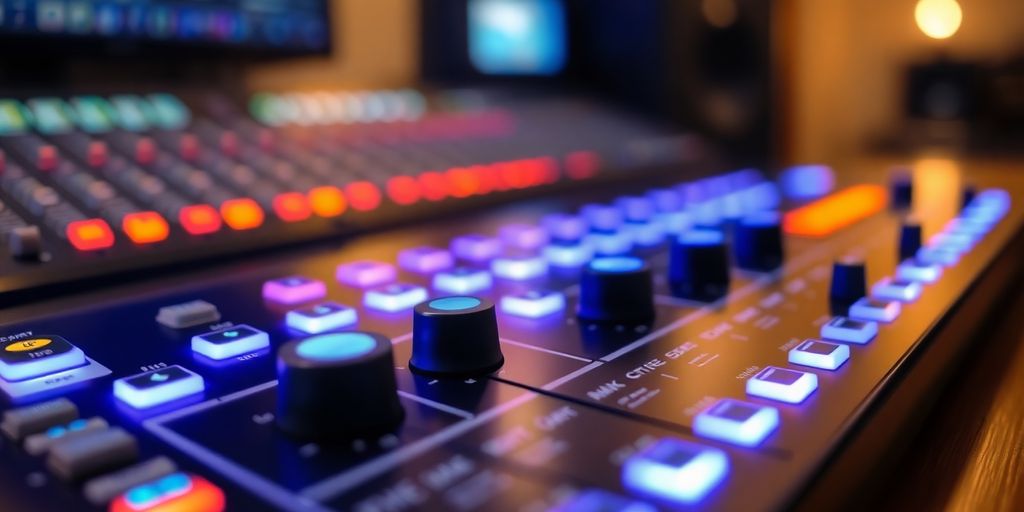 Glowing audio plugin on a sleek mixing console.