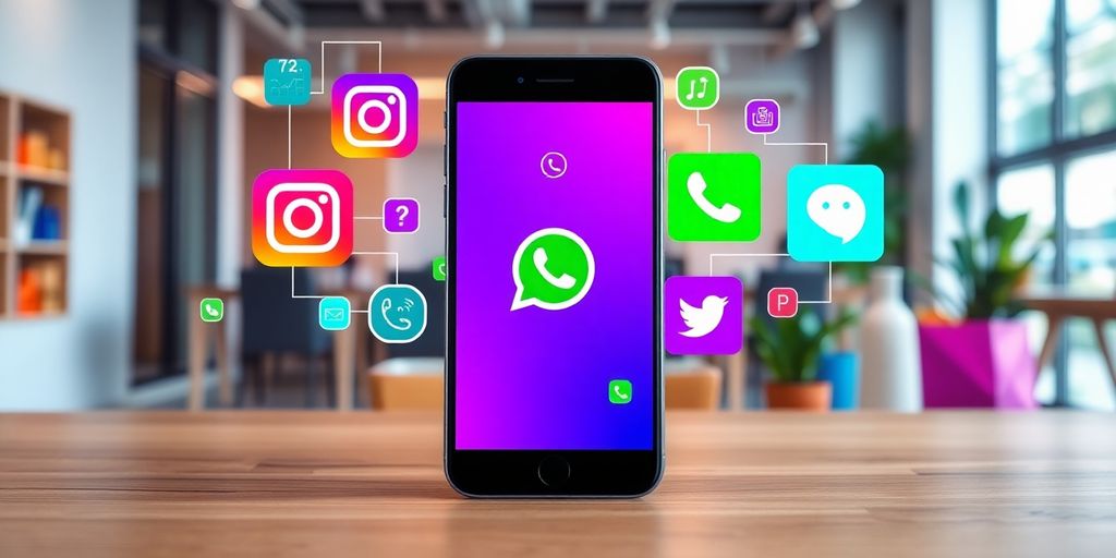 Pametni telefon sa društvenim mrežama i AI elementima.