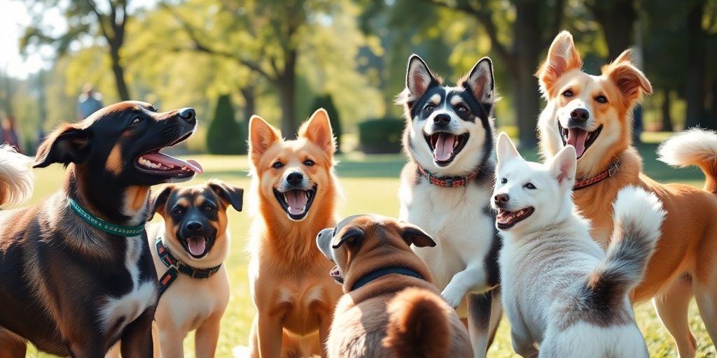 Happy dogs playing together in a grassy field.