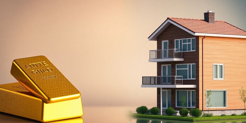 Barres d'or et maison moderne en contraste.