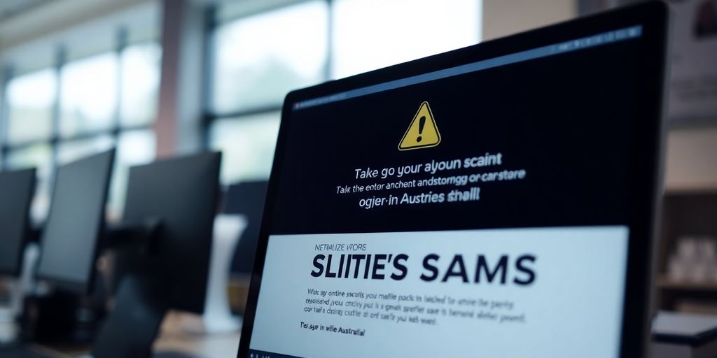 Computer screen with warning about online scams in Australia.