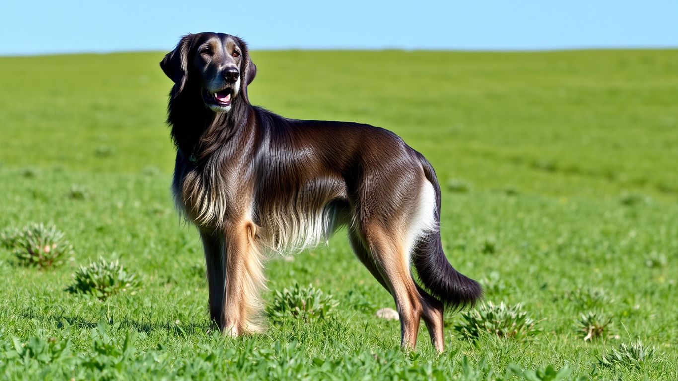 Irish Wolfhound in a green field under blue sky.
