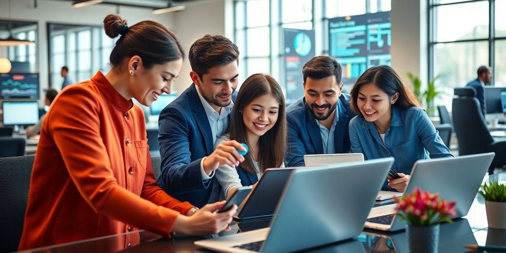 Tim ljudi razgovara o AI tehnologiji u poslovanju.