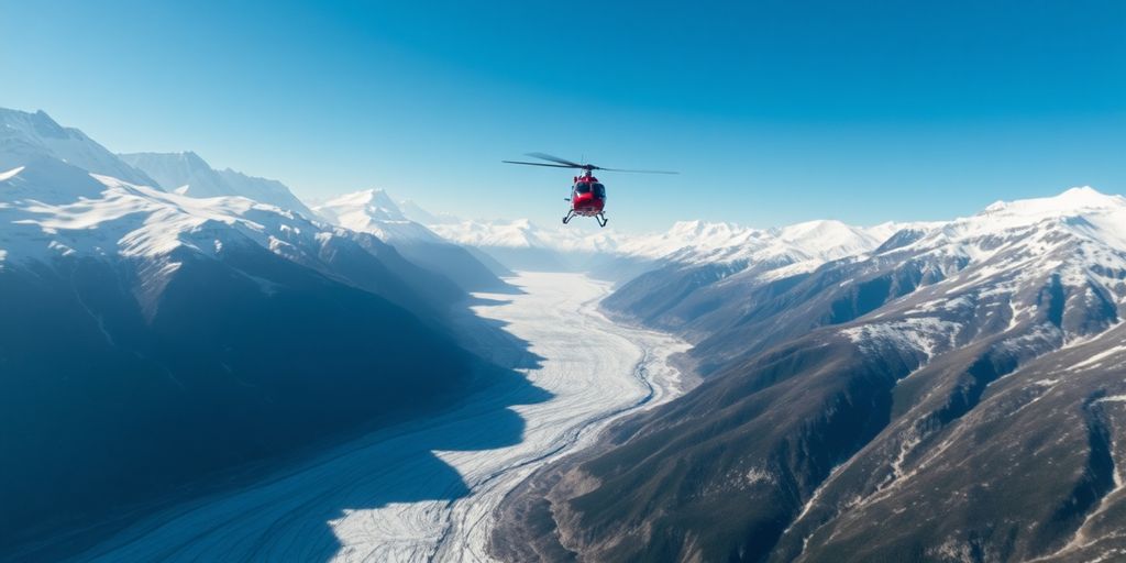 A helicopter flying over a vast Alaskan glacier and mountains.