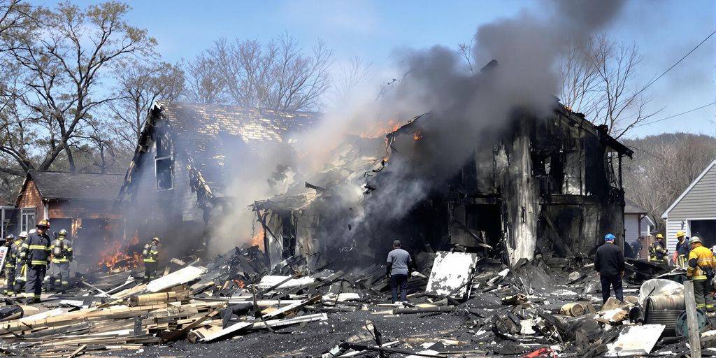 Burned house with firefighters securing the area.