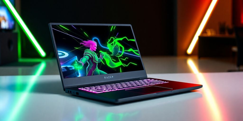 Laptop gamer Razer Blade 15 aberto com teclado iluminado.