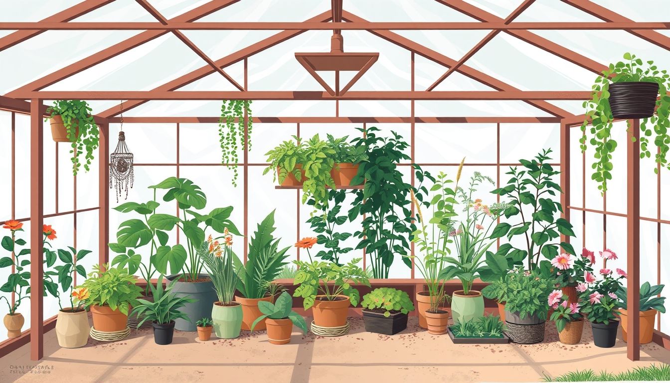 Illustrative greenhouse with various plants and flowers