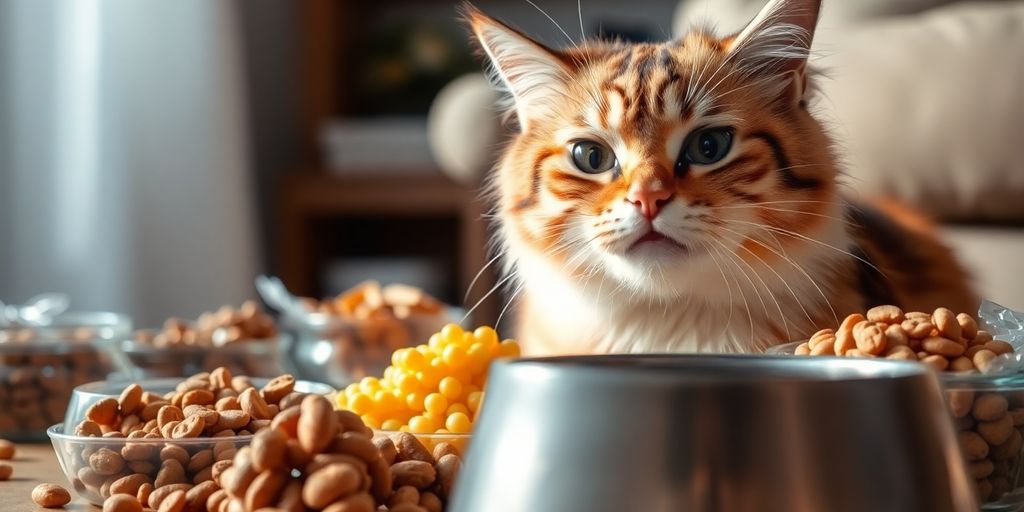 Котка с недоволно изражение до купа с храна.