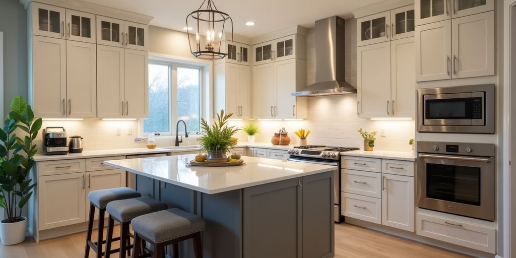 Modern kitchen with stylish cabinetry and elegant lighting.