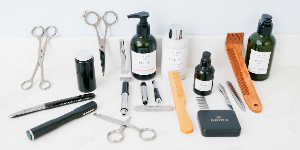 Grooming tools arranged neatly on a countertop.