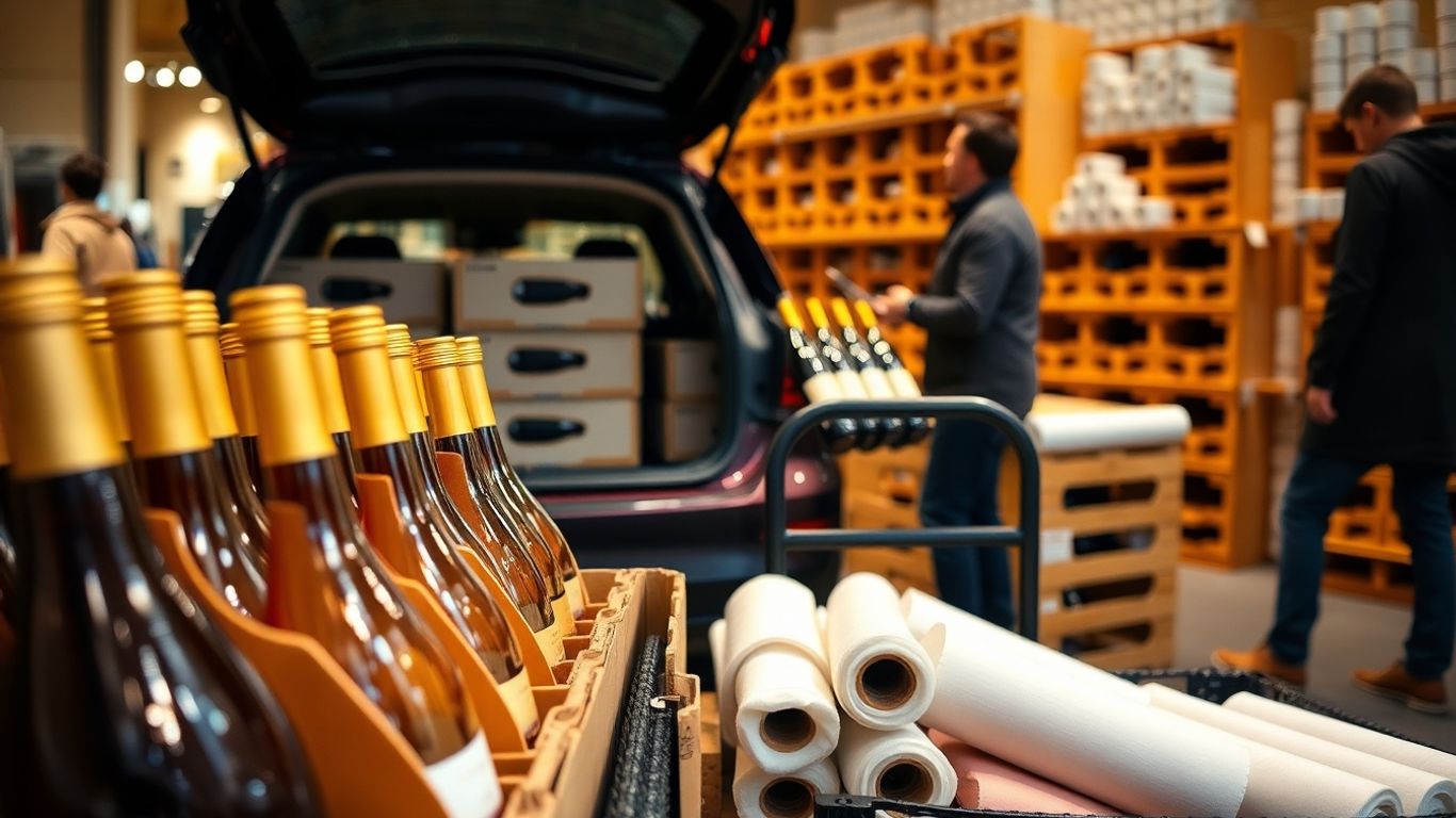 Client range des bouteilles dans porte-bouteilles carton, chariot, coffre ouvert.