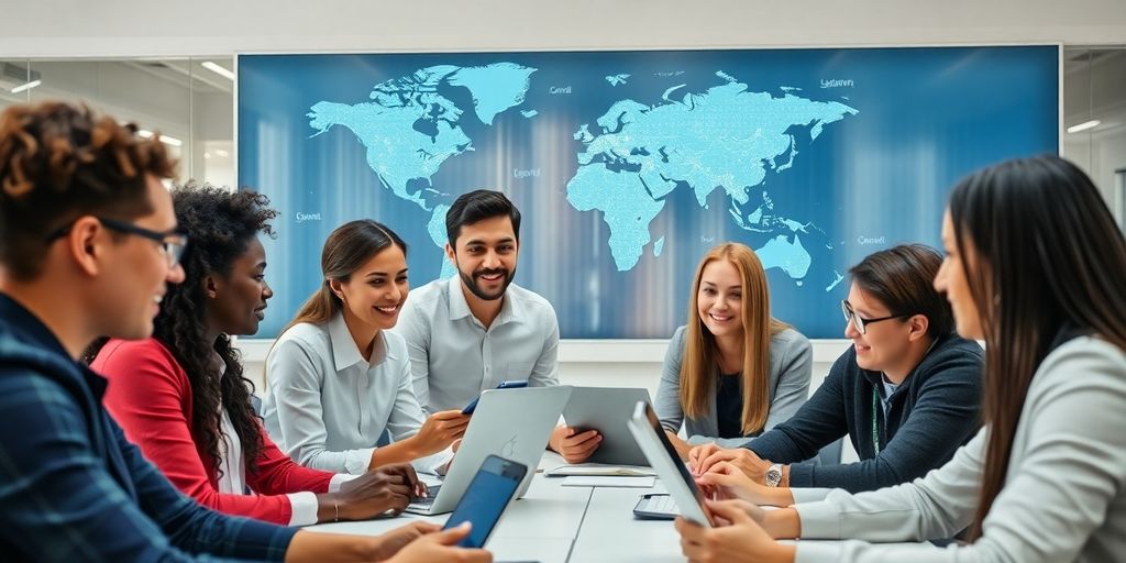 Diverse professionals collaborating in a modern technology office.