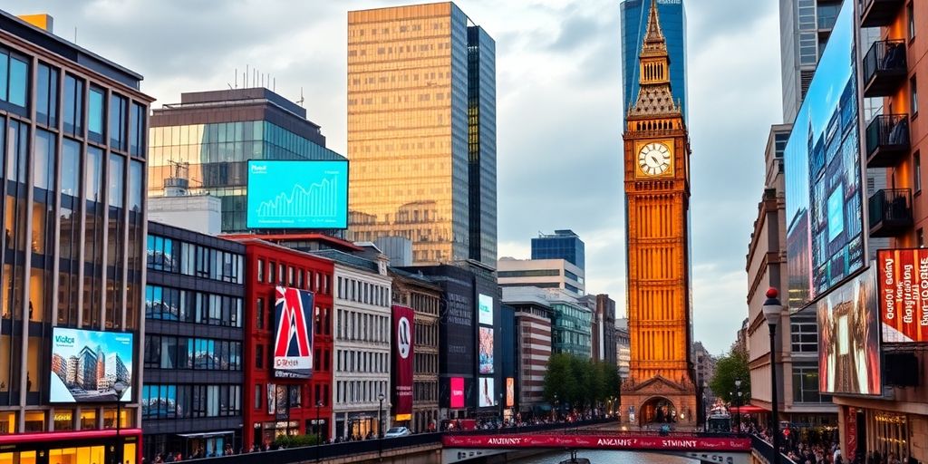 London skyline with digital elements and small investors.