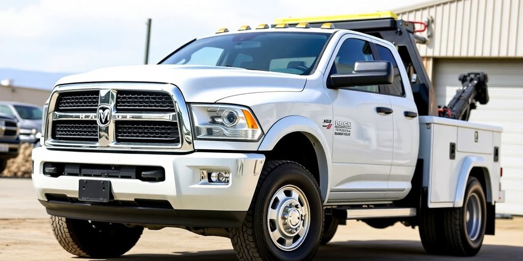 Dodge Ram wrecker truck, heavy-duty tow vehicle.