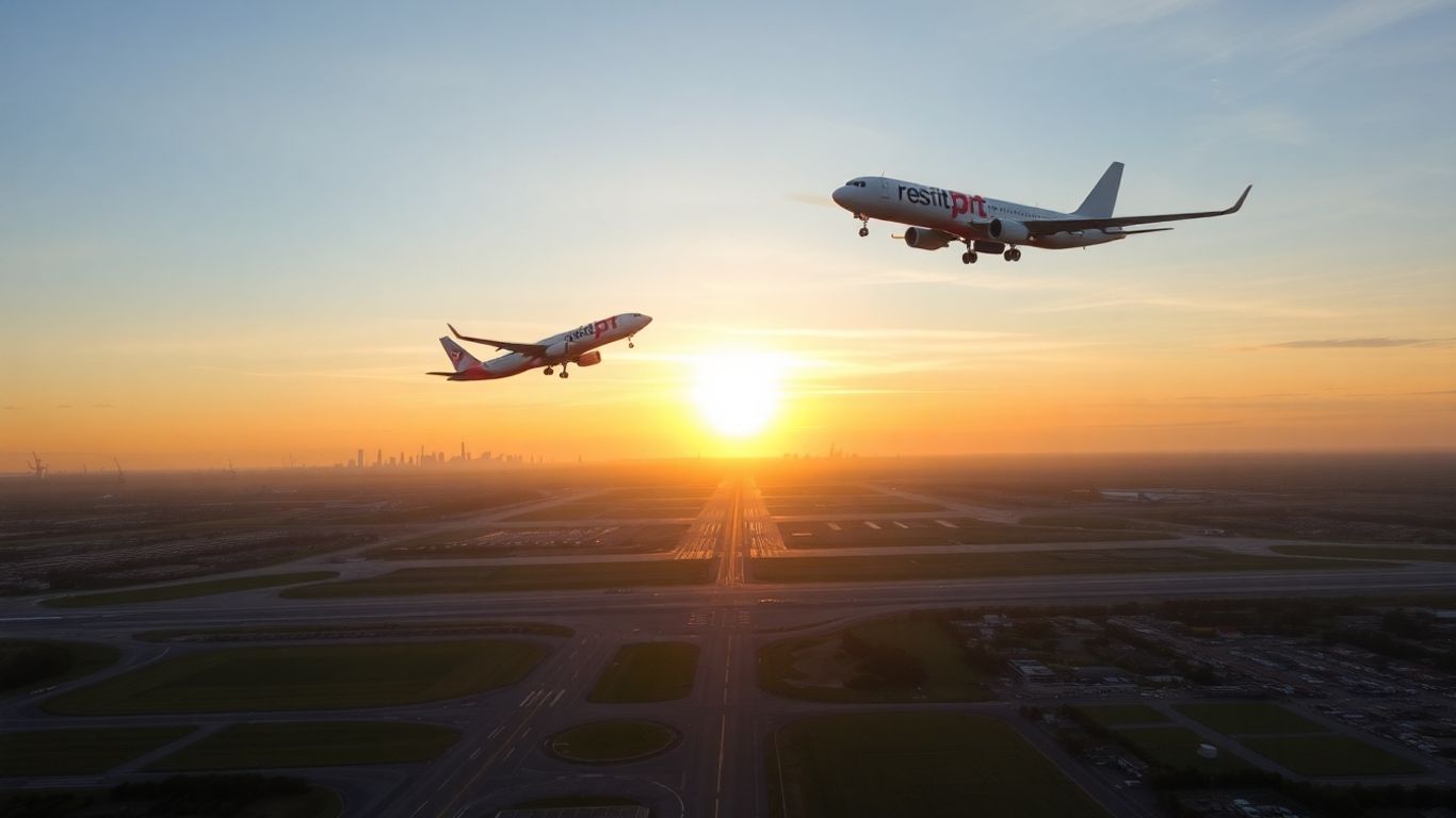 Budget airplane over London airport with city skyline sunrise.