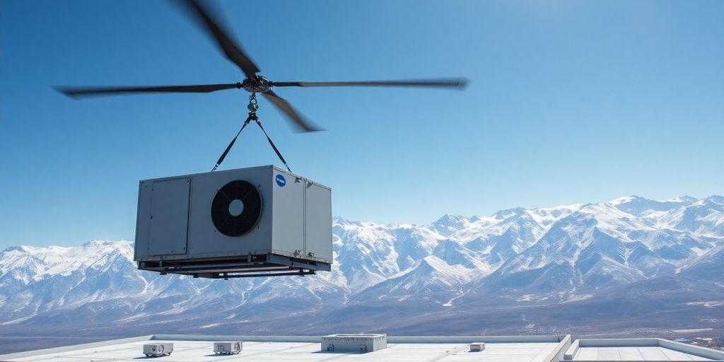 A helicopter lifting an HVAC unit against an Alaskan mountain backdrop.