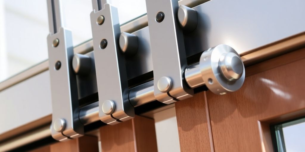 Close-up of heavy-duty bifold door hardware components.