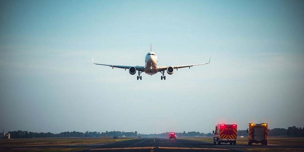 Airplane landing on runway with emergency vehicles nearby.