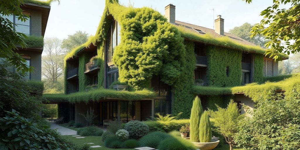 Paysage français avec des maisons modernes et une nature verdoyante.