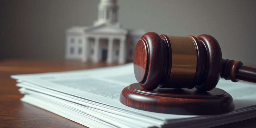Close-up of gavel on blurred legal documents