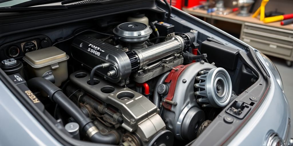 Close-up of a Fiat 500 engine with new parts.