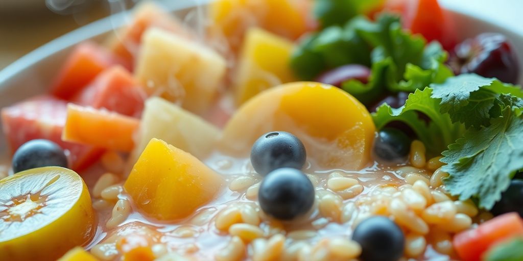 Colorful plate with fresh fruits, vegetables, and whole grains.
