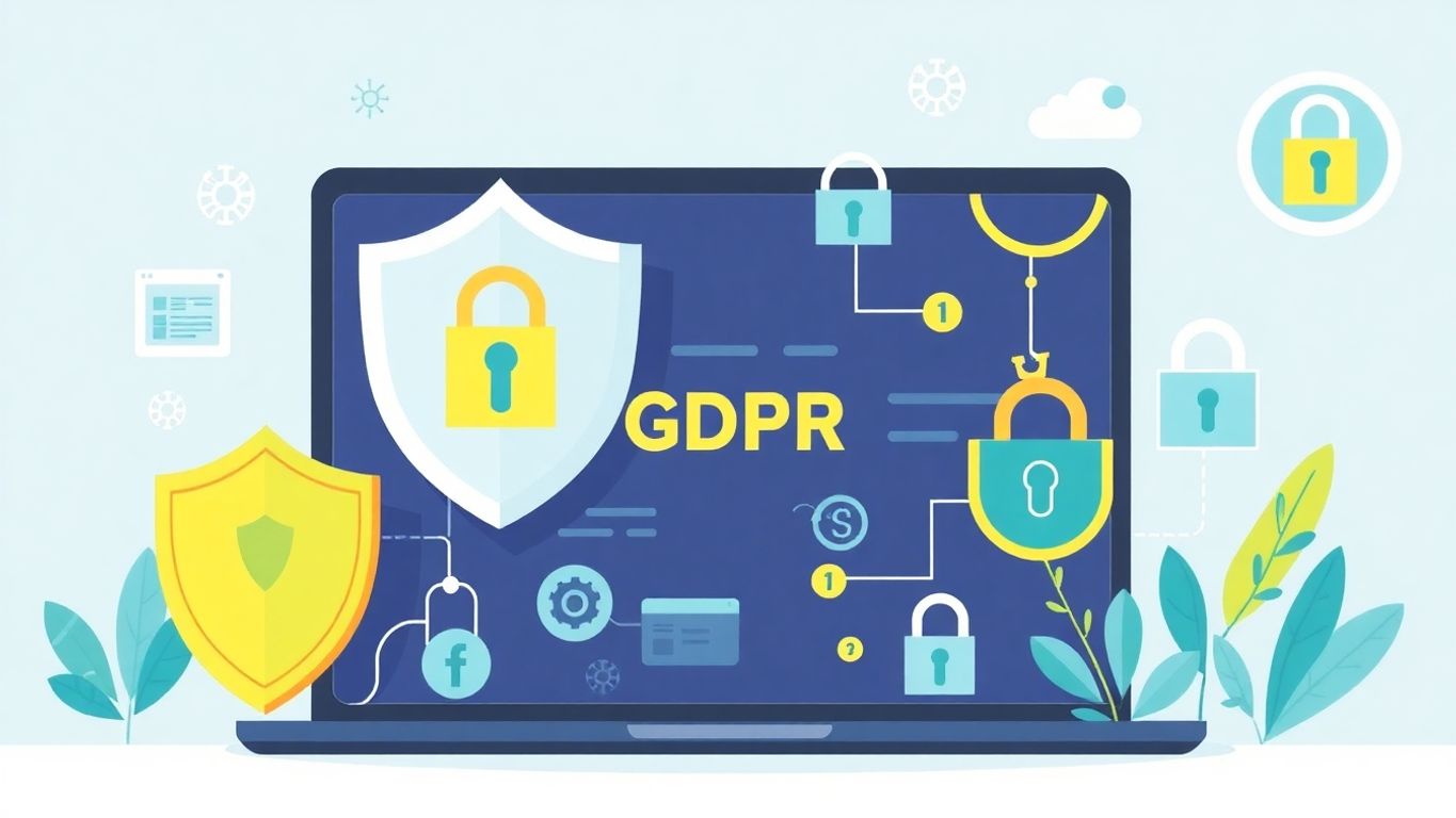 Illustration of website security elements including shields and locks.