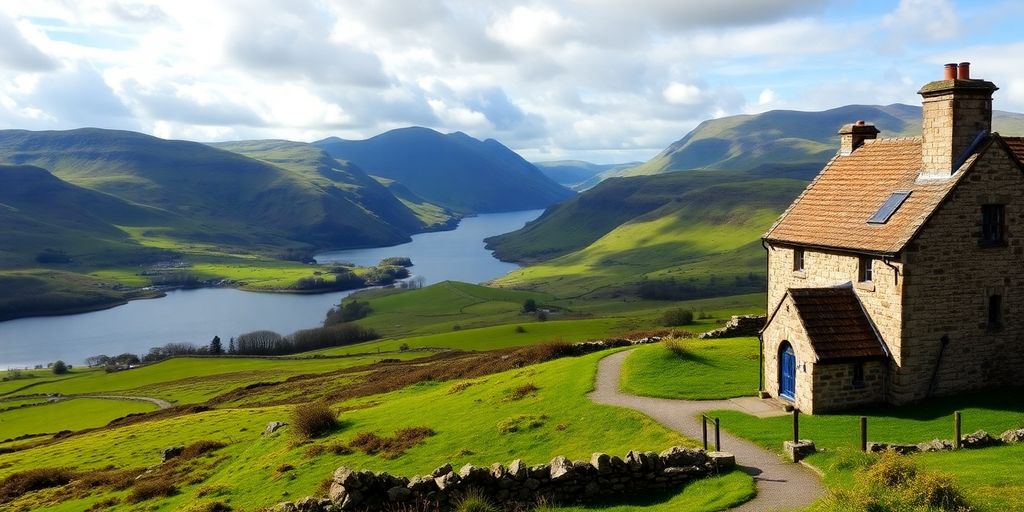 Schottische Highlands mit Hügeln und traditionellem Cottage.