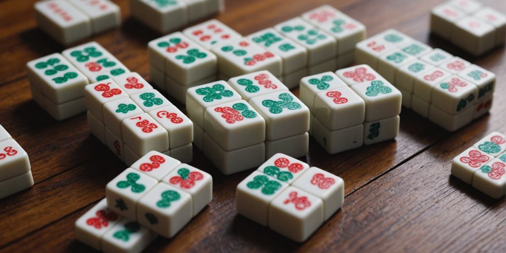 Mahjong tiles set on a wooden table for playing.