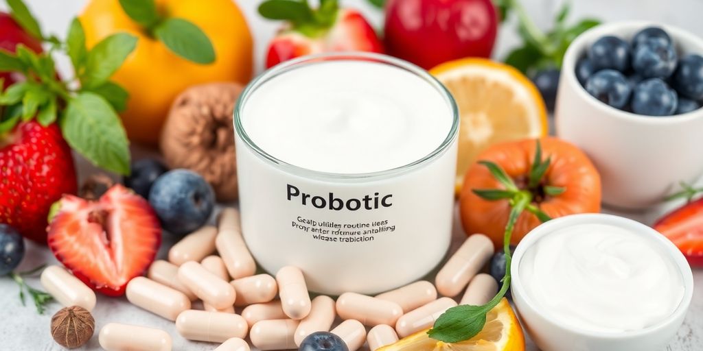 Probiotic capsules and yogurt with fresh fruits and herbs.