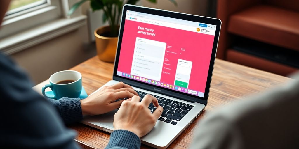 Person taking online surveys on a laptop at home.